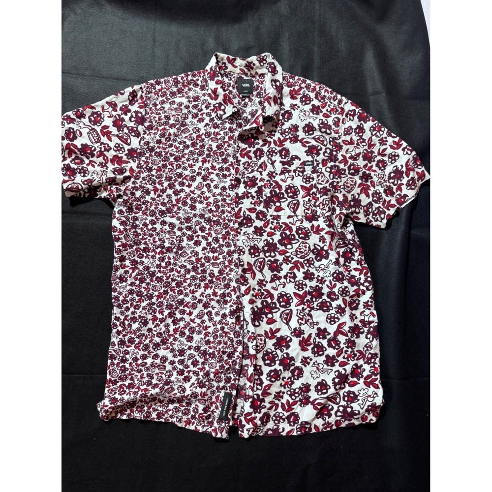 Vans Mens Large Floral Split Print Short Sleeve Button Down Shirt Burgundy White